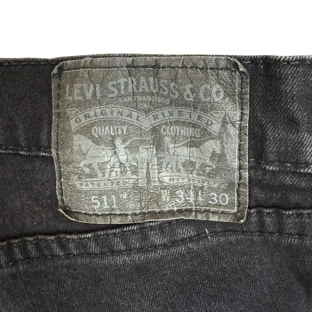 Levi's 511 Jeans Men 34x26 Black Denim Frayed Hem Mid-Rise Slim Fit Straight Leg